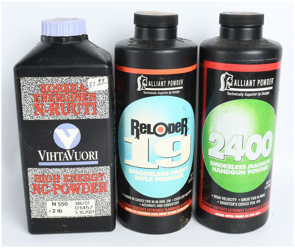 Lot 1318: A Trio of Vihtavuori and Alliant Smokeless Gunpowder Containers 4 Lbs Total