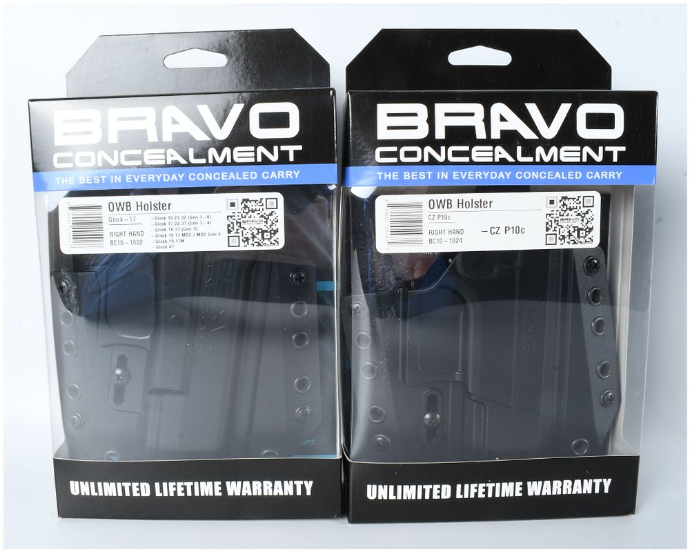 Lot 1331: A Pair of Bravo Concealment BCA OWB Holsters for Glock and CZ P10c