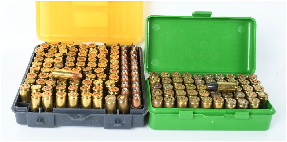 Lot 1366: A Lot of 129 9mm Luger Cartridges and 20 Loose Projectiles with Two MTM Case-Gard Deluxe Flip-Top Storage Boxes