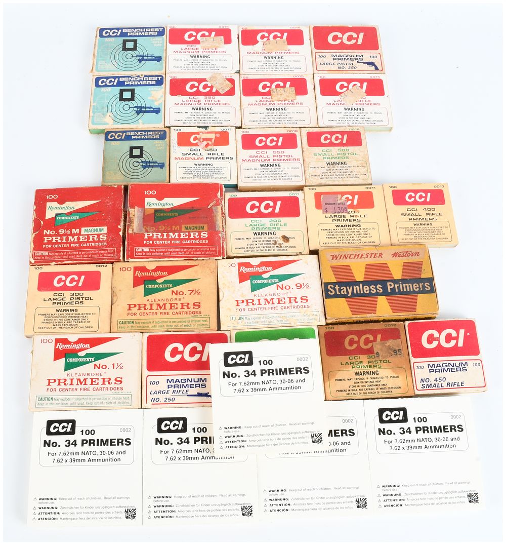 Lot 1415: A Lot of 30 Boxes and Sleeves of Assorted Ammunition Primers