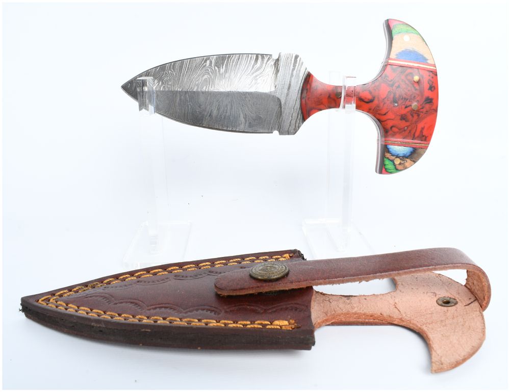 Lot 1421: Damascus Steel Push Dagger with Multi-Color Composite Handle and Leather Sheath