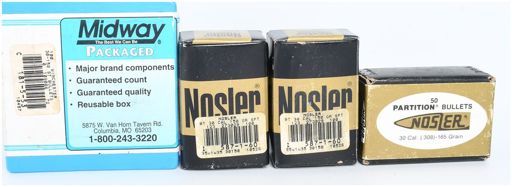 Lot 1423: A Lot of 5 Boxes of Nosler and Winchester .30 Caliber Reloading Bullets