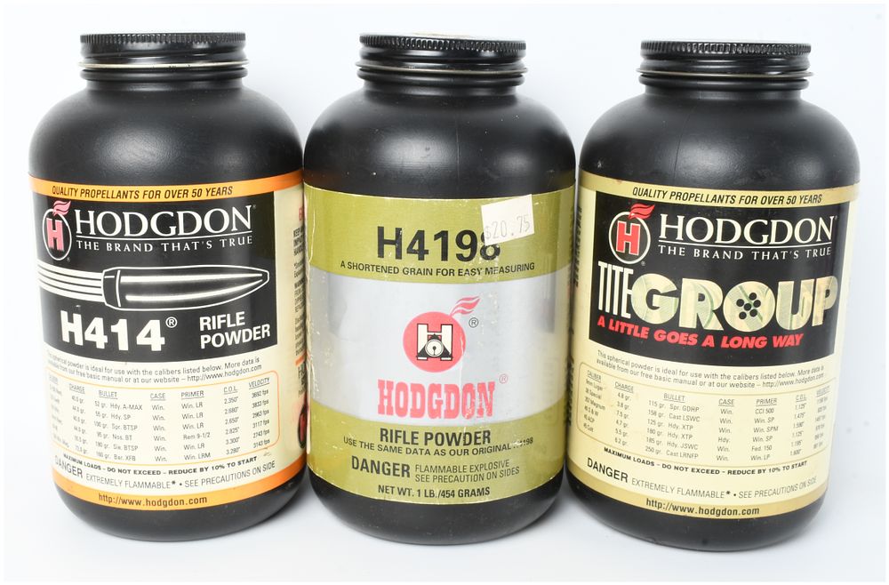 Lot 1468: Three Hodgdon H414 H4198 and Titegroup Smokeless Gunpowder Canisters 3 Lbs of Powder