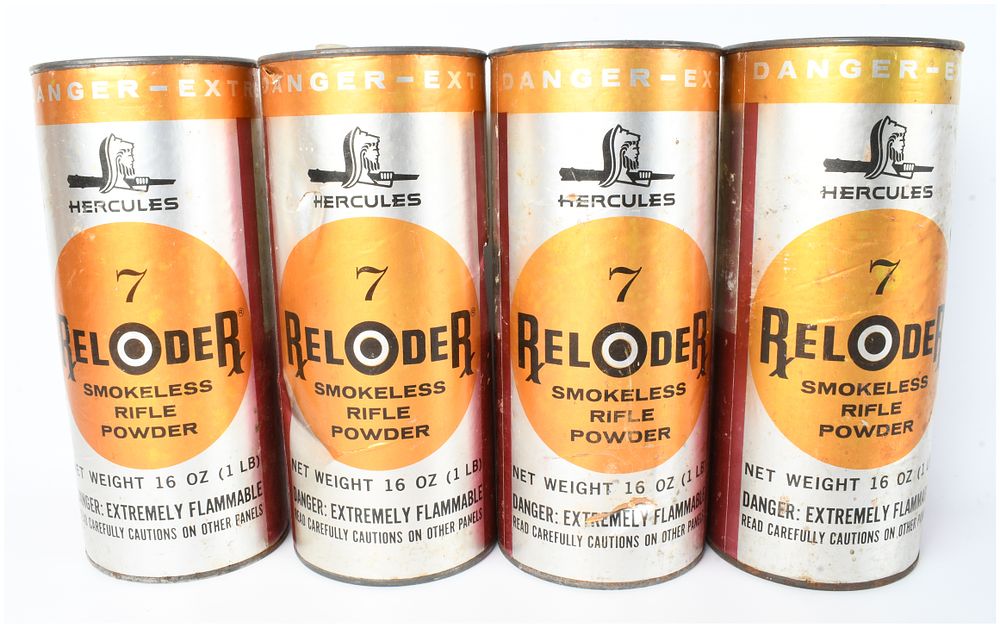 Lot 1492: A Lot of 4 Hercules Reloder 7 Smokeless Rifle Powder Canisters 3.5 LBS Total