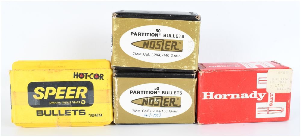 Lot 1568: A Lot of 4 Boxes of Speer, Nosler, and Hornady 7mm Caliber Rifle Reloading Bullets