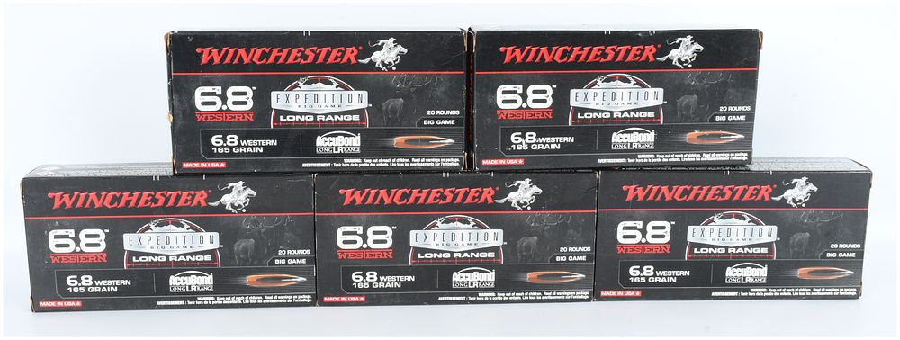Lot 1573: A Lot of 5 Boxes of Winchester Expedition Big Game Long Range Ammunition 6.8 Western
