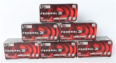 A Lot of 300 Rounds Federal American Eagle Ammunition 5.7x28mm. This lot consists of six boxes 
