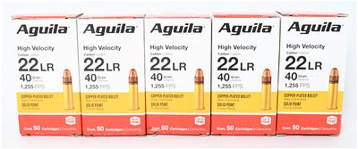 Aguila High Velocity .22 LR Ammunition 250 Rounds. This lot consists of five boxes of Aguila 