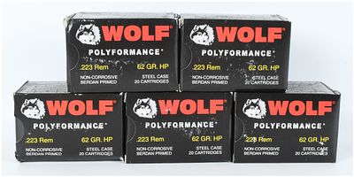 A Lot of 100 Rounds of Wolf PolyPerformance .223 Remington Ammunition. This lot consists of 100 