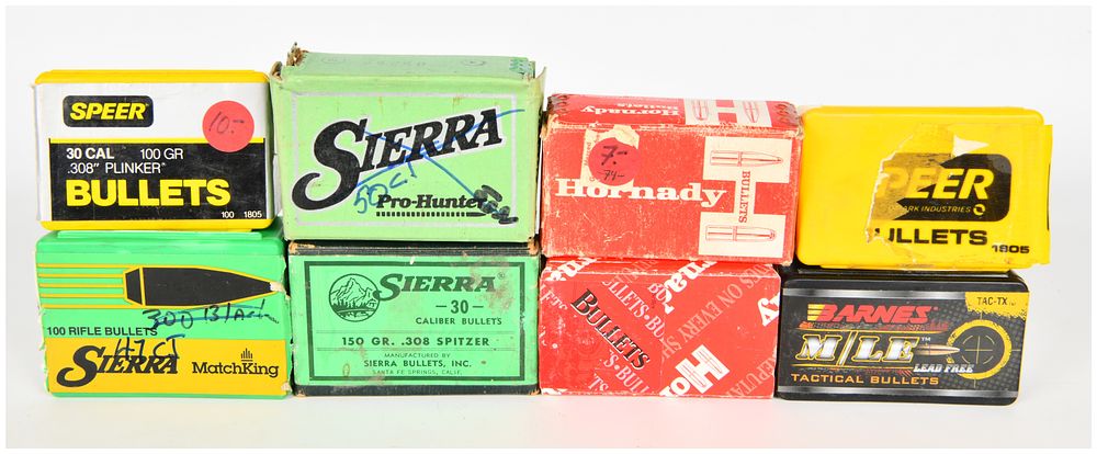Lot 56: A Collection of 8 Boxes of 30 Caliber Projectile Bullet Tips Totaling 9.8 lbs