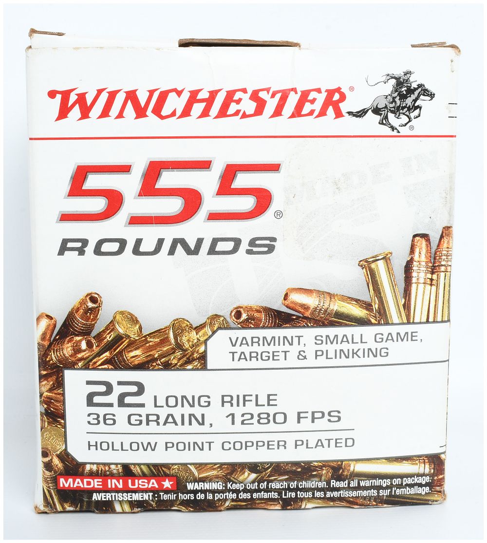 Lot 112: A Lot of 555 Winchester .22 Long Rifle 36 Grain Copper Plated Hollow Point Cartridges