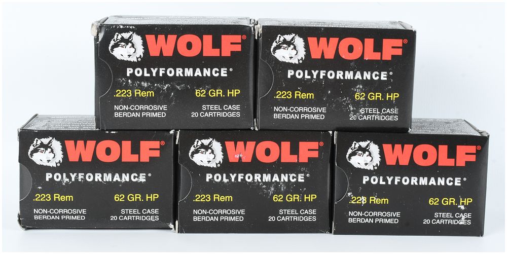 Lot 169: A Lot of 100 Rounds of Wolf Polyformance .223 Remington 62 Grain Hollow Point Ammunition