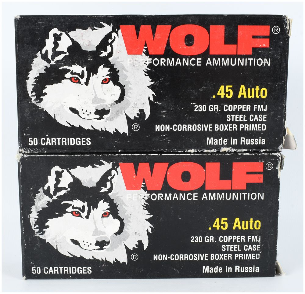 Lot 223: Wolf Performance Ammunition .45 Auto 230 Grain FMJ Steel Case A Lot of 100 Cartridges