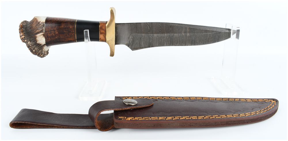Lot 239: Handmade Damascus Steel Bowie Knife with Crown Stag and Wood Handle