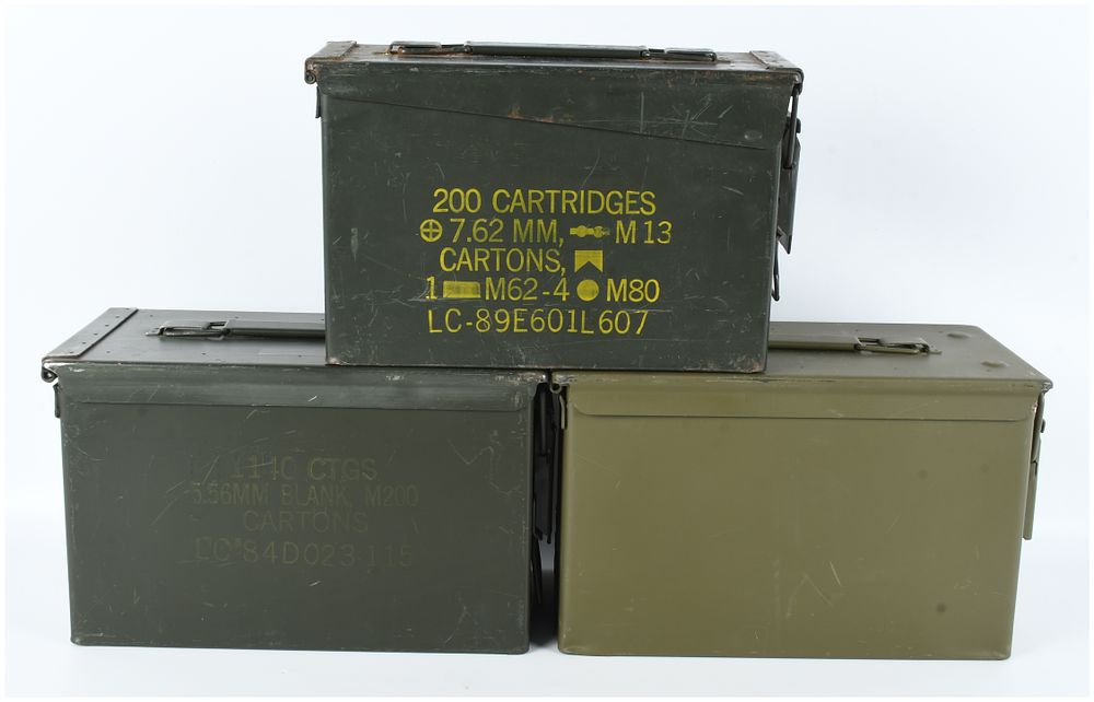 Lot 242: A Trio of Standard Container Fabricators M2A1 Metal Ammunition Cans 7.62mm and 5.56mm