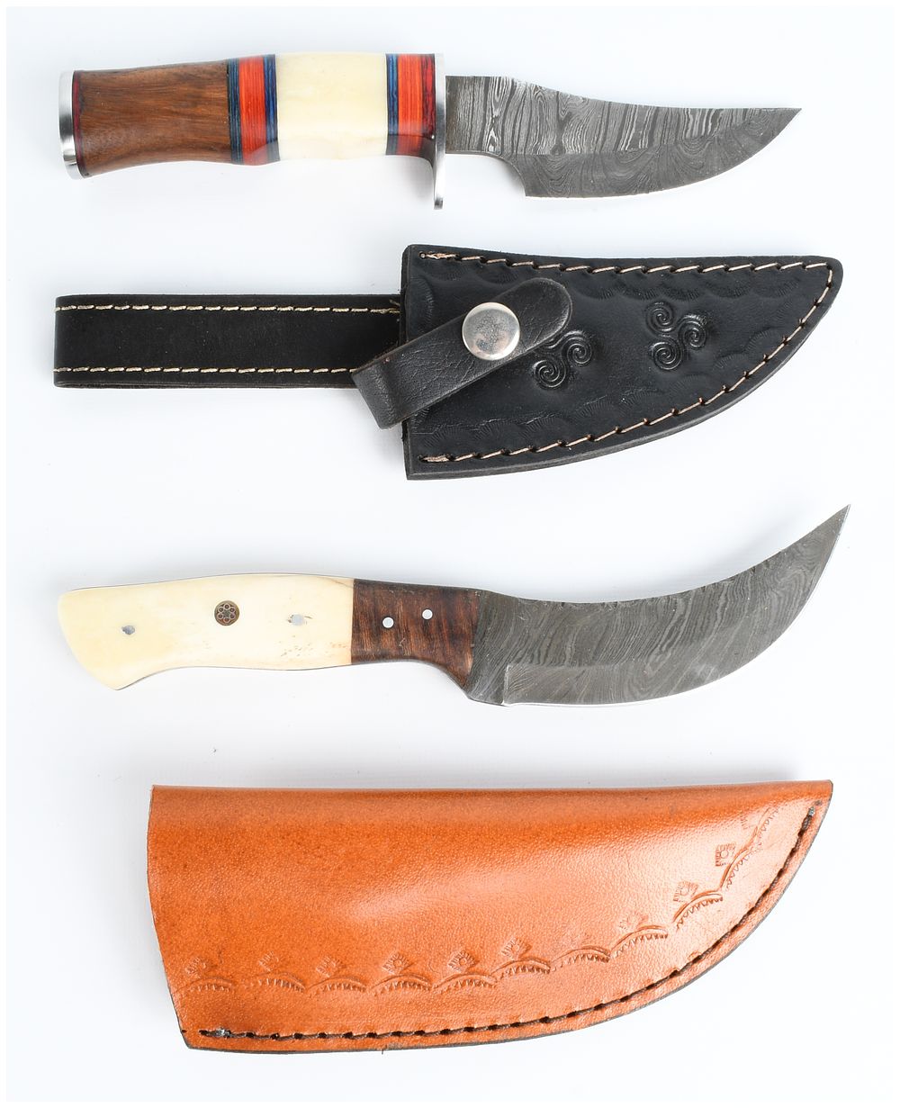 Lot 329: A Pair of Damascus Steel Fixed-Blade Knives with Leather Sheaths