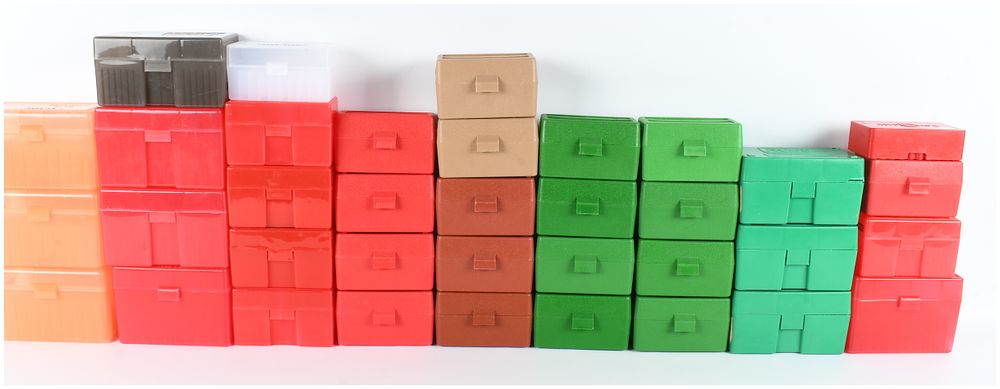 Lot 362: A Lot of 36 Plastic Ammunition Storage Boxes by Midway, RCBS, and AmmoSafe