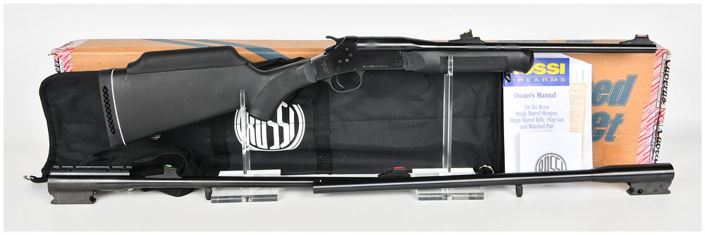Lot 429: Rossi Matched Set Break-Open Single-Shot Firearm System .22 LR, .243 Win, and 20 Gauge with 18.5 and 22 Inch Barrels