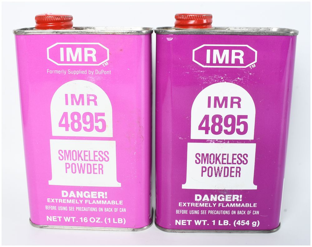 Lot 488: A Pair of IMR Powder Company IMR 4895 Smokeless Powder Canisters Containing 1 Lb 5 Oz Of Powder