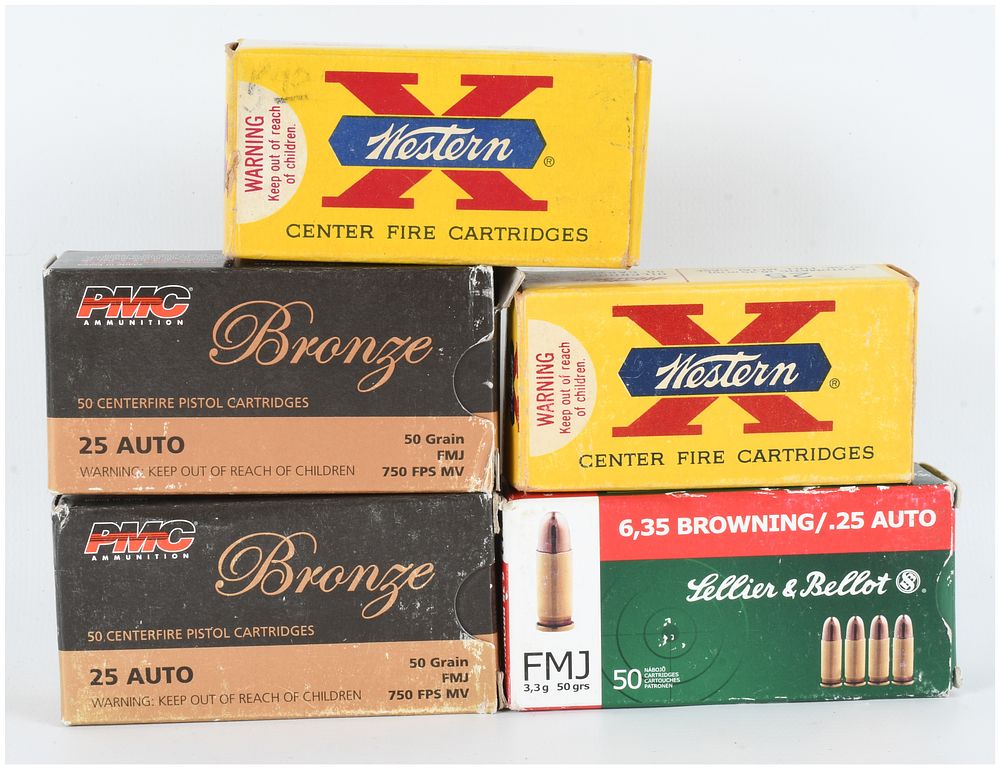 Lot 556: A Lot of 223 Rounds of PMC, Western, and Sellier and Bellot .25 Auto and 6.35mm Browning Centerfire Ammunition