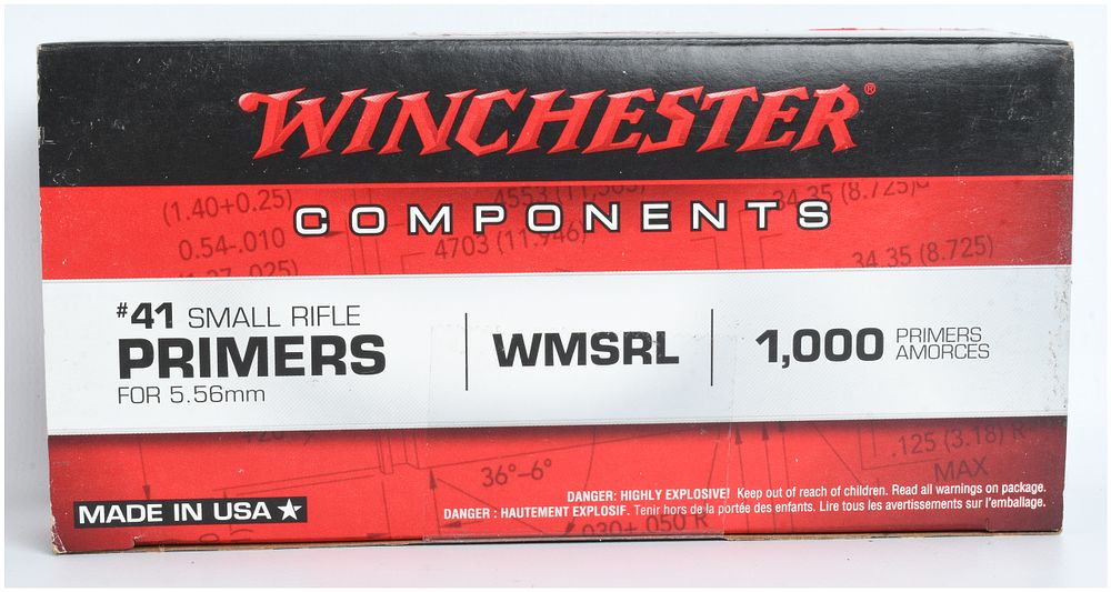 Lot 572: Winchester #41 Small Rifle Primers for 5.56mm WMSRL 1,000 Count