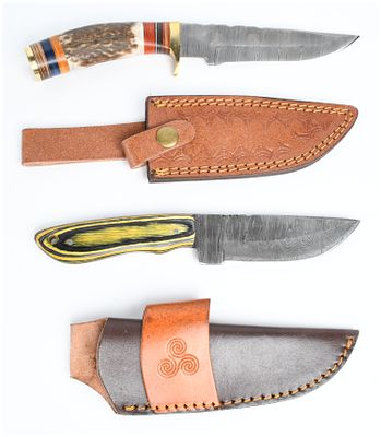 Two Custom Fixed-Blade Damascus Steel Knives with Leather Sheaths. This lot consists of two 