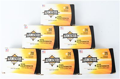 A Lot of 120 Armscor USA .223 Remington 55 Grain FMJ Centerfire Rifle Cartridges. This lot 