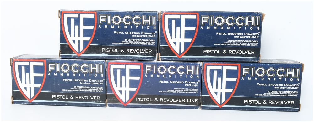 Lot 1063: Fiocchi Shooting Dynamics 9mm Luger 124 Grain JHP Ammunition Lot of 250 Rounds
