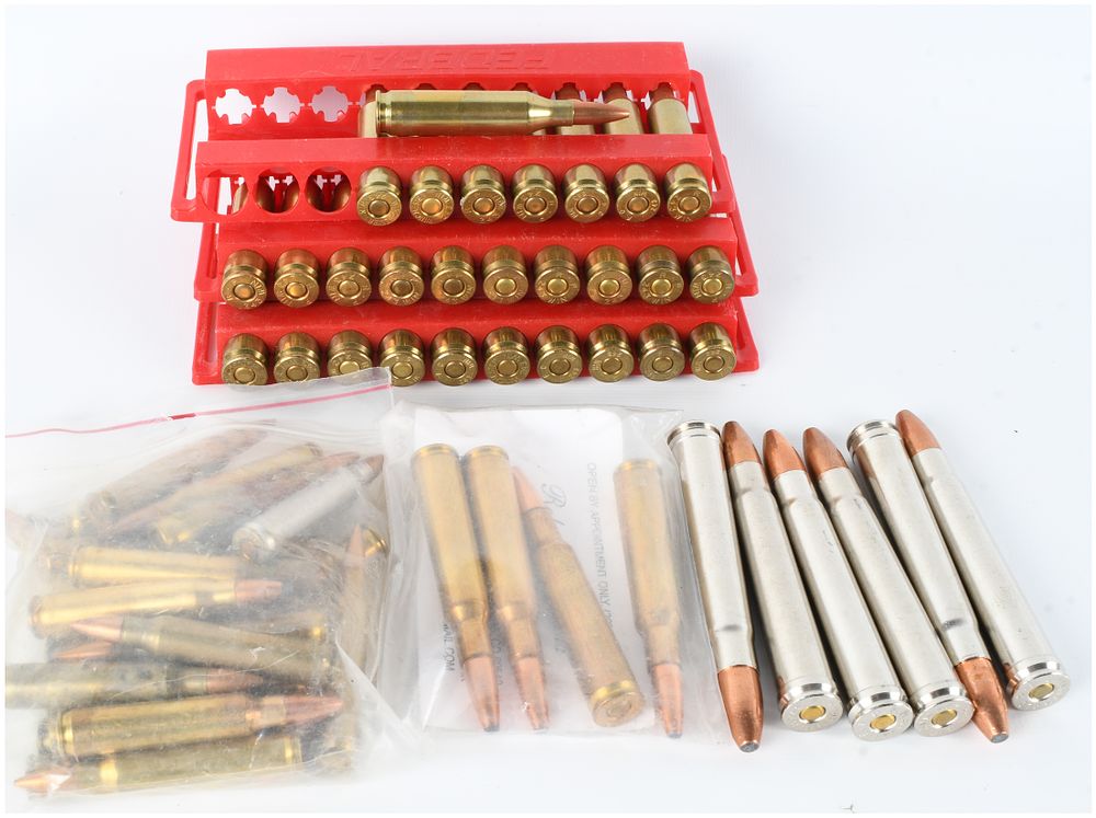 Lot 1084: A Lot of 103 Assorted Rifle Cartridges Including .375 H&H Magnum, 7mm Mauser, .243 Win, and .223 Rem Ammunition