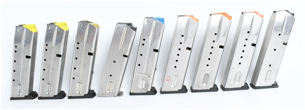 Lot 1124: A Lot of 9 Smith & Wesson M&P Series Semi-Automatic Pistol Magazines .40 S&W and 9mm