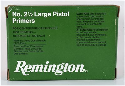 Remington No. 2&frac12; Large Pistol Primers (1,000 Count). This lot features a factory bulk carton of 