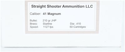 A Box of 50 Straight Shooter Ammunition LLC 41 Magnum 210 Grain JHP Cartridges. This lot 