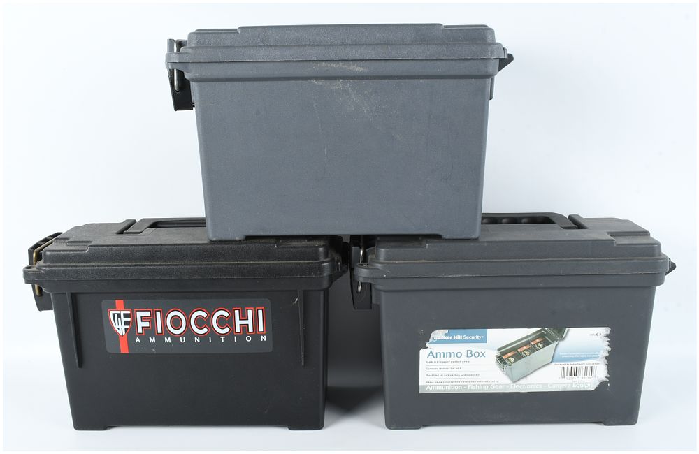 Lot 1196: A Trio of Plastic Ammunition Storage Boxes Including Fiocchi and Bunker Hill Security Examples
