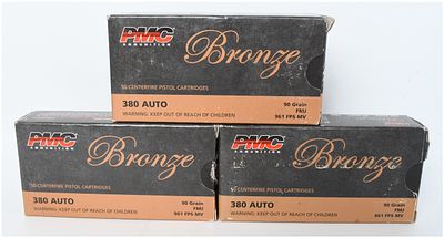 A Lot of 143 PMC Bronze Ammunition .380 Auto. This lot consists of a total of 143 centerfire 