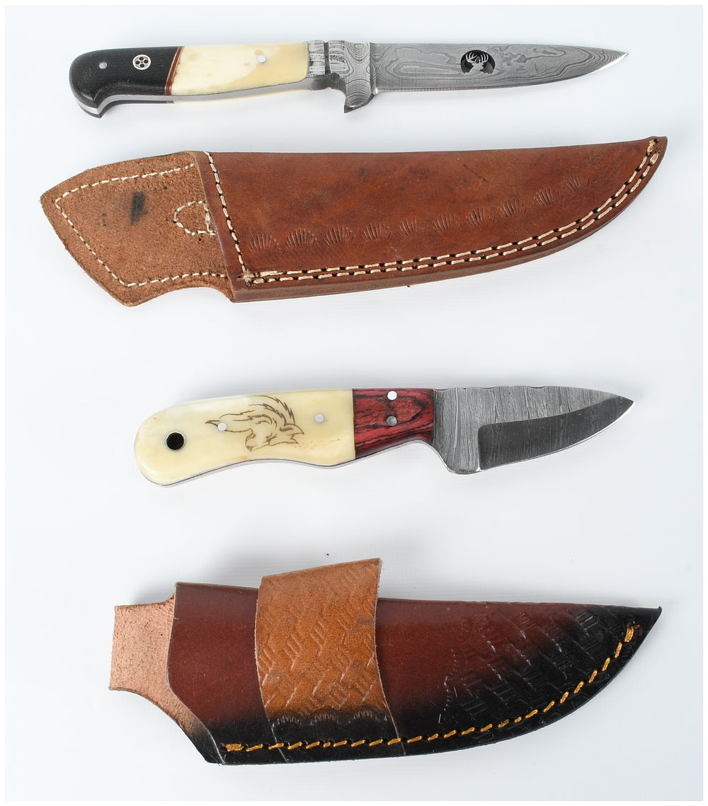 Lot 1208: Two Custom Damascus Steel Fixed Blade Knives with Decorative Handles and Leather Sheaths