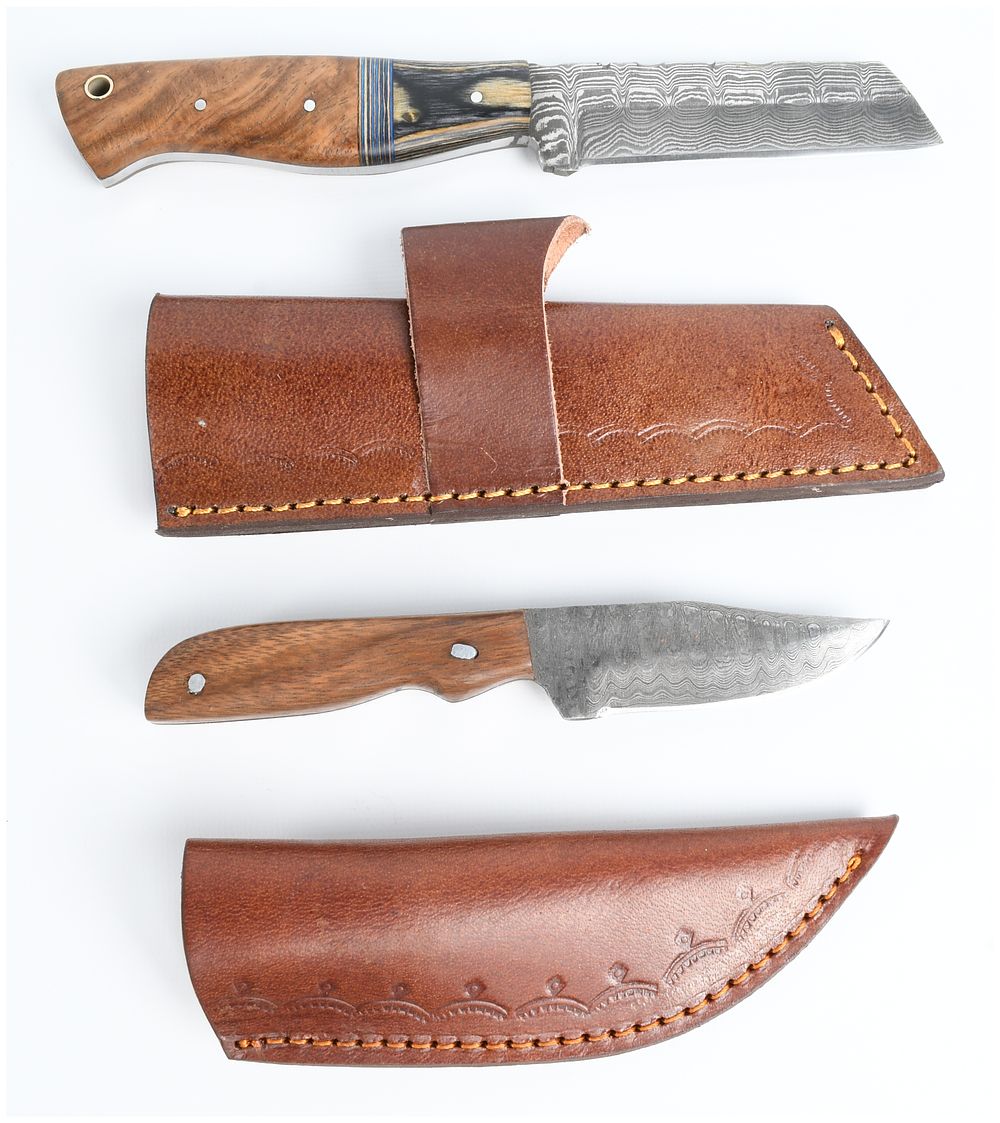Lot 1298: Two Handmade Damascus Steel Fixed-Blade Hunting Knives with Leather Sheaths