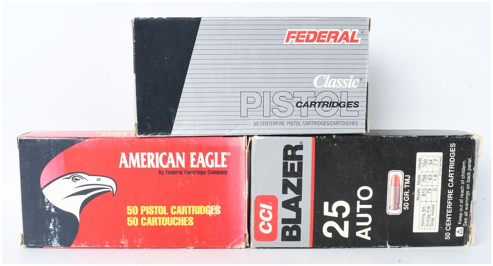 Lot 1315: A Lot of 150 Federal American Eagle and CCI .25 Auto Centerfire Pistol Ammunition