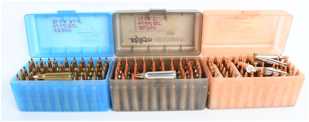 Lot 1327: A Lot of 158 .22/250 Rem Centerfire Rifle Cartridges in Midway MTM Storage Boxes
