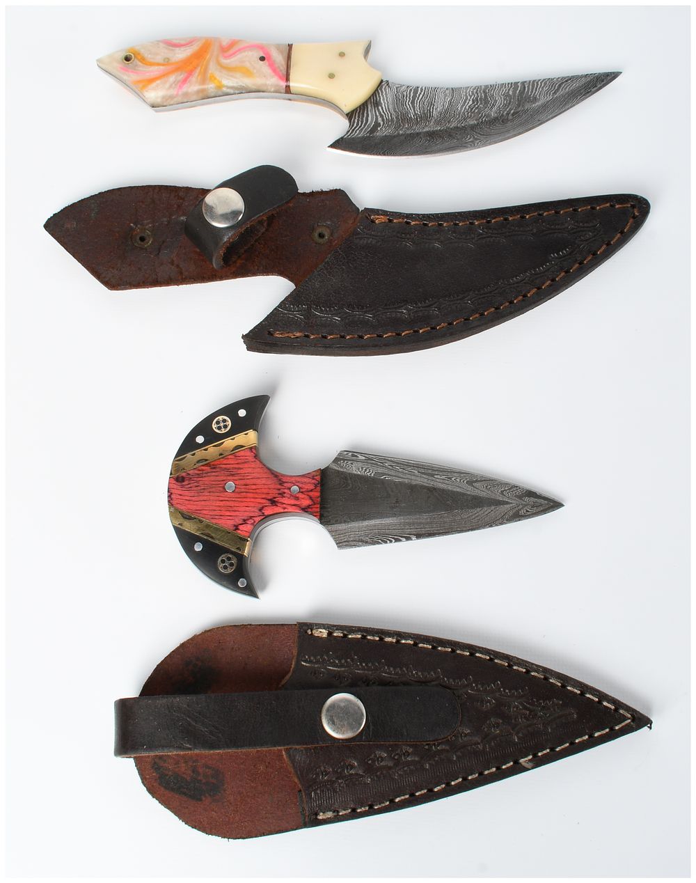 Lot 1388: Two Contemporary Custom-Style Damascus Steel Fixed-Blade Knives with Leather Sheaths