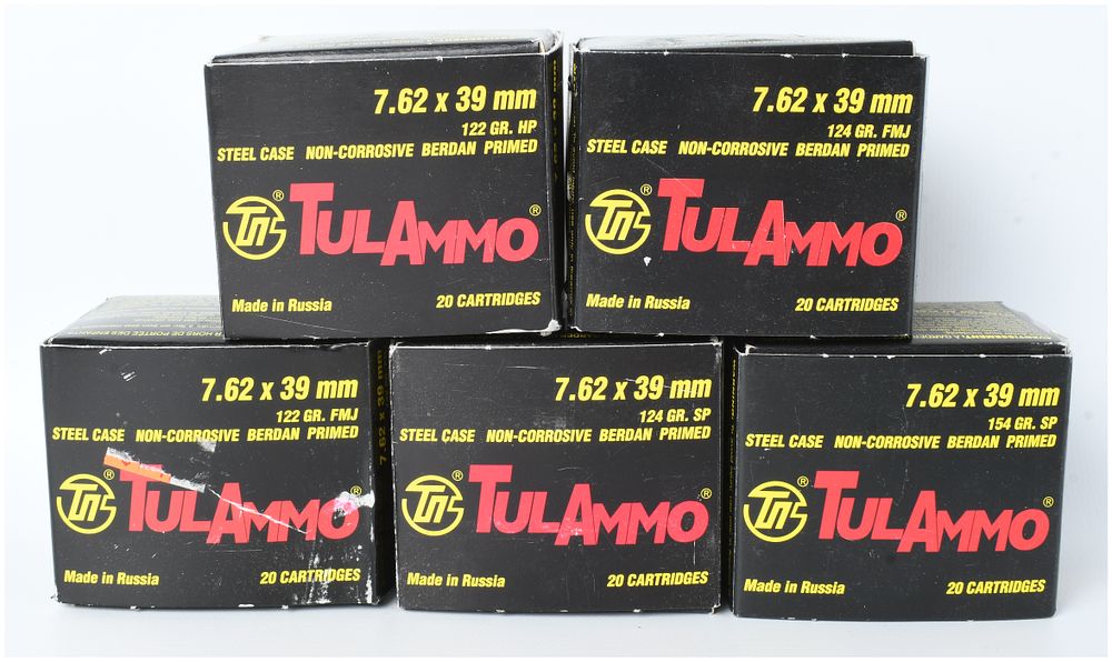 Lot 1408: TulAmmo 7.62x39mm Centerfire Rifle Ammunition Lot of 100 Cartridges