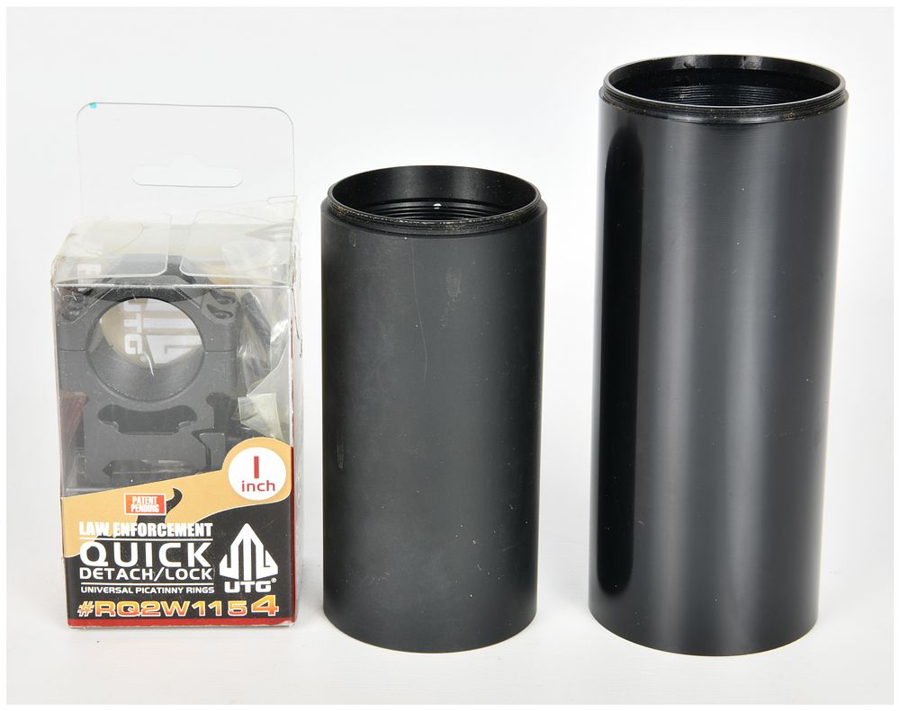 Lot 1457: A Trio of Scope Accessories including UTG RQ2W1154 Quick Detach Rings and Two Sunshades