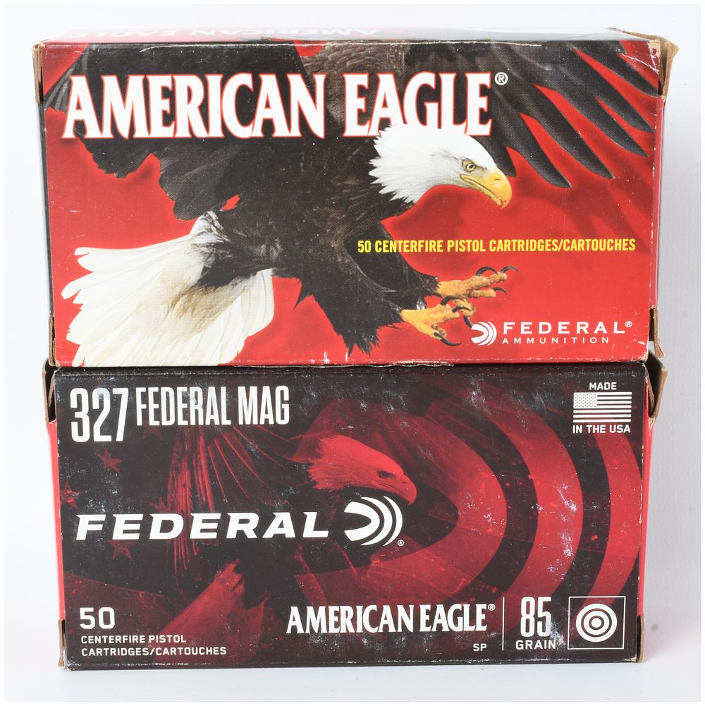 Lot 1585: A Lot of 100 Rounds Federal American Eagle Handgun Ammunition .327 Federal Magnum 85 and 100 Grain