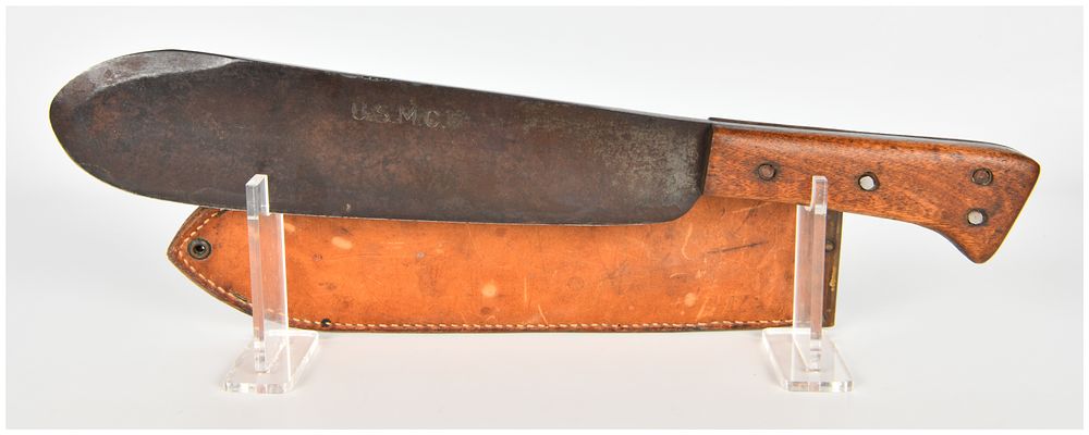 Lot 101: WWII U.S. Marine Corps Hospital Corpsman Knife and Leather Sheath Dated 1945