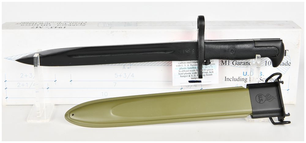 Lot 128: Brand New Reproduction U.S. Military M1 Garand 10-Inch Bayonet with M7 Scabbard