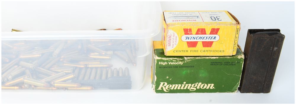 Lot 175: A Lot of 135 Rounds of Winchester and Remington .30 Carbine Ammunition with One Magazine and One Stripper Clip