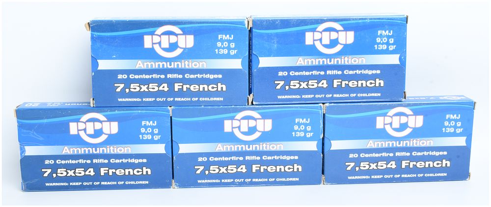 Lot 184: A Lot of 100 Rounds PPU FMJ Rifle Ammunition 7.5x54 French