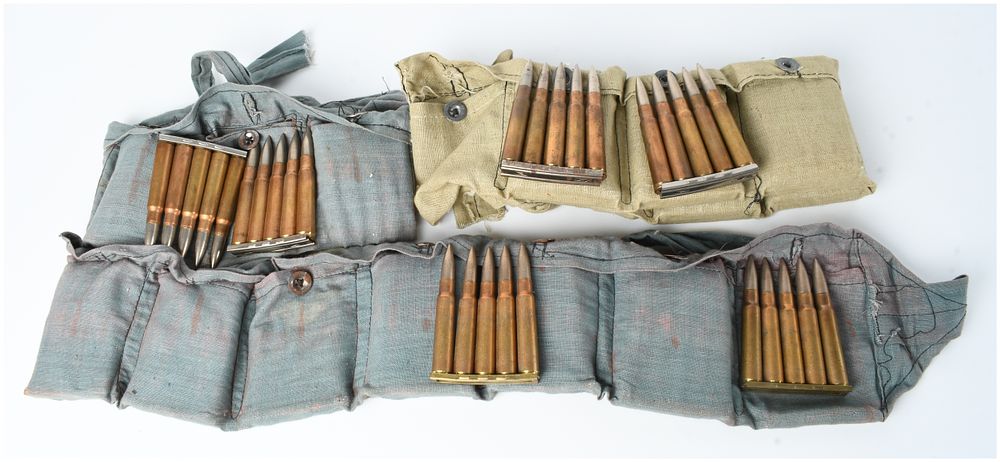 Lot 229: 165 Rounds of 8mm Mauser Ammunition with Two Canvas Ammunition Carriers