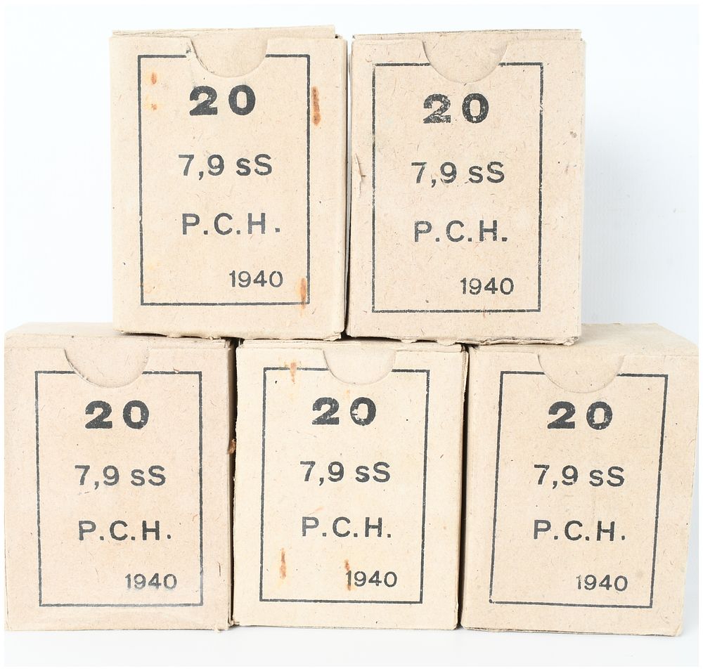 Lot 289: Greek Powder and Cartridge Company 7,9 sS Mauser Rifle Ammunition 7.92x57mm Mauser 1940