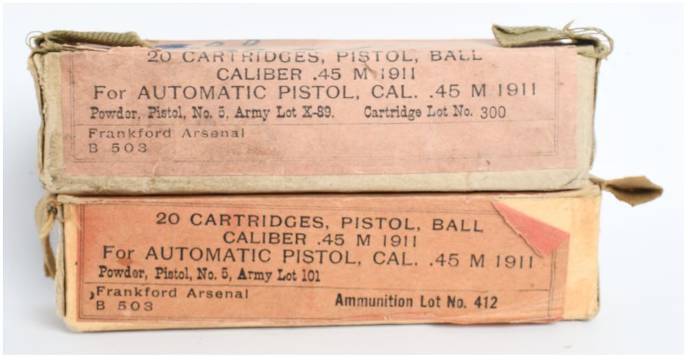 Lot 406: Frankford Arsenal M1911 Ball Cartridges .45 ACP 40 Rounds 1910