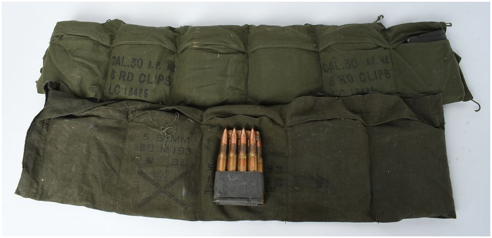 Lot 436: A Lot of 88 Rounds of Lake City M2 Armor Piercing .30-06 Springfield Ammunition with 11 En-Bloc Clips and Two Bandoliers